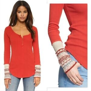 Free People womens large orange Thermal Ski Lodge Henley crochet cuff top